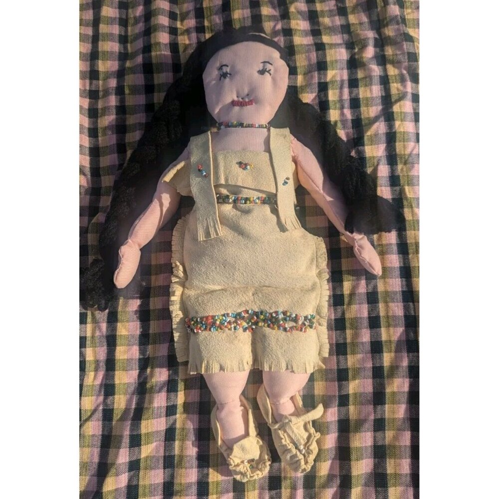 Antique Native American Indian Doll Beaded Suede Souvenir Vintage Handmade Cloth